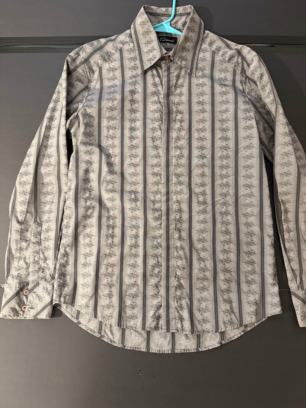 7 Diamonds Mens Large Button Up Shirt Gray Black Striped Graphic Long Sleeve